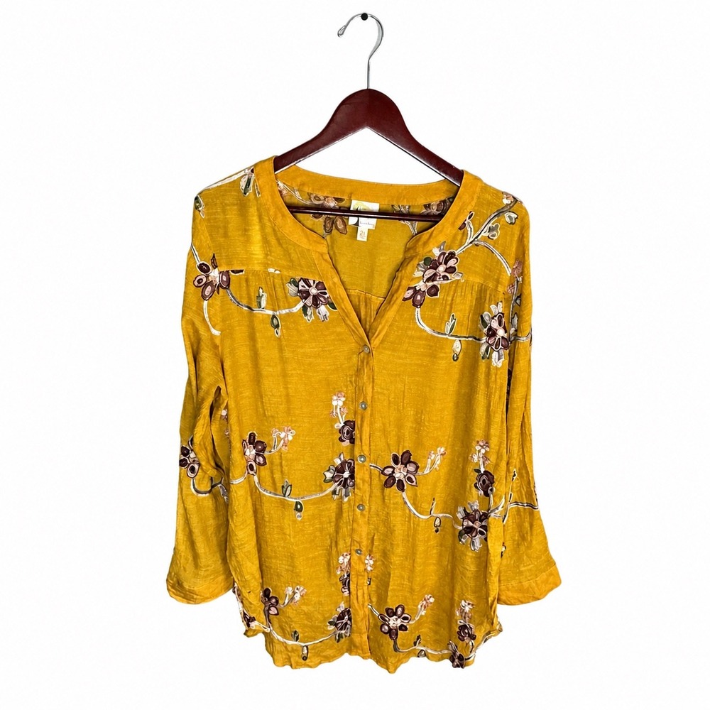 Fig & Flower 2X Mustard Yellow Embroidered Boho Blouse Floral Tunic Top Plus - Picture 2 of 7